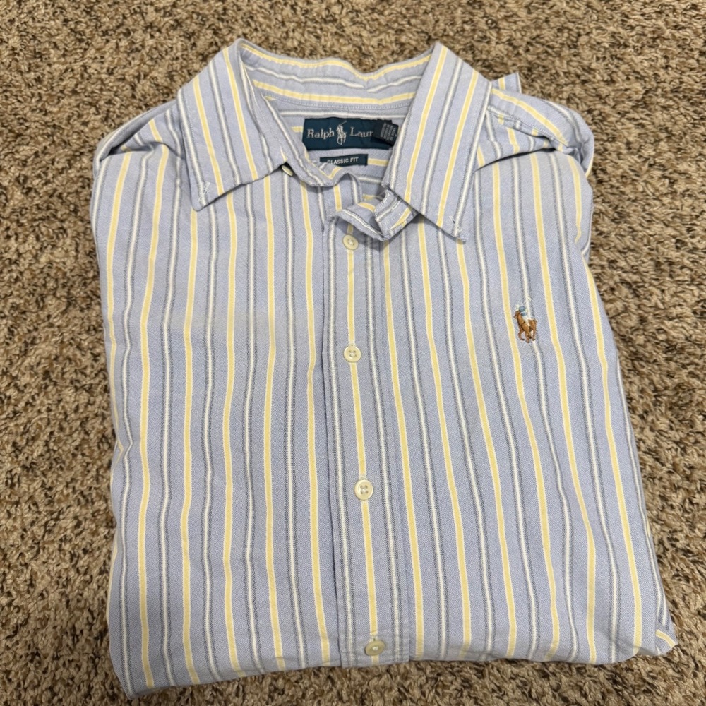Ralph Lauren Mens XL Classic Fit Striped Button Down Shirt Blue Yellow Cotton